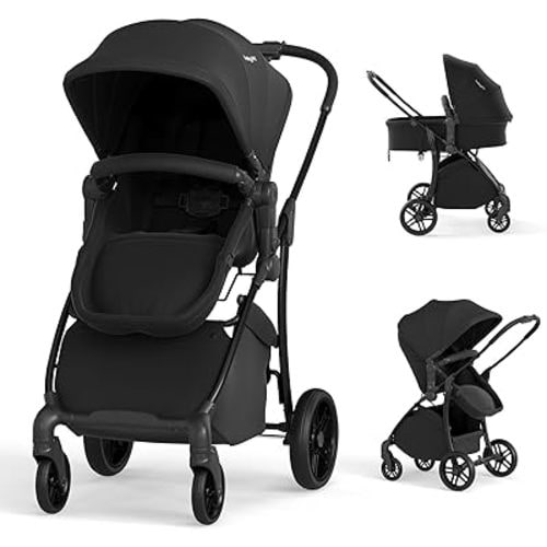 BABY JOY 2 in 1 Baby Stroller, High Landscape Convertible Bassinet Stroller with Reversible Seat, Adjustable Backrest & Canopy, Foldable Pushchair Pram Stroller for Newborn Toddler 0-36 Months (Black)