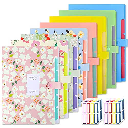 EOOUT 8pcs Expanding File Folders, Plastic Accordion File Organizer with 5 Pockets Snap Closure and 64 Label Stickers, Letter Size, A4 Size, for School and Office Supplies
