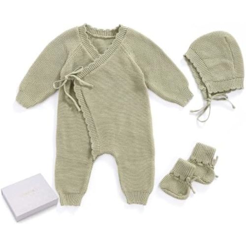 Cotton Baby Knit Romper Kimono Newborn Outfit Gift Set Hat Booties