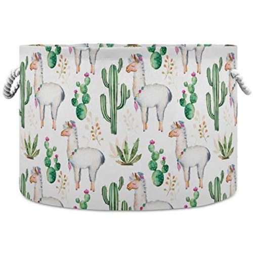 Large Basket for Toys Watercolor Cactus Llama Alpaca Storage Bin Box Laundry Basket for Home Decor, Pet Toy, Blankets