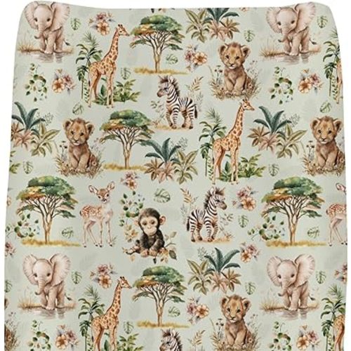 Safari Jungle Animals Changing Pad Covers for Baby Girls Boys Lion Zebra Monkey Giraffe Elephant Trees Fitted Changing Table Cover Mats African Animal Soft Diaper Changing Table Sheets 32''×16''