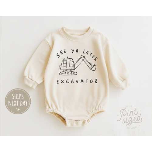 See Ya Later Excavator Baby Onesie® Minimalist Excavator Bodysuit Cute Construction Theme Party Natural Baby Onesie® Long Sleeve Romper