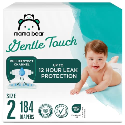 Amazon Brand - Mama Bear Gentle Touch Baby Diapers, Size 2, 184 Count (4 packs of 46), Leak Protection, Wetness Indicator, Formulated Without Fragrance