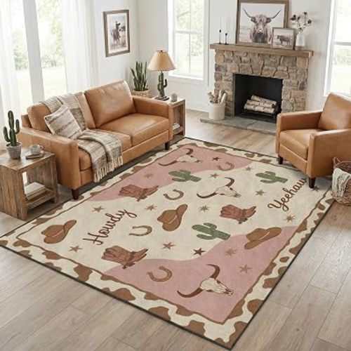 Area Rugs 5'x7' Washable Rug, Western Cowgirl Pink Stain Resistant Non Slip Backing Boho Cactus Carpet for Living Room Bedroom Dining Room