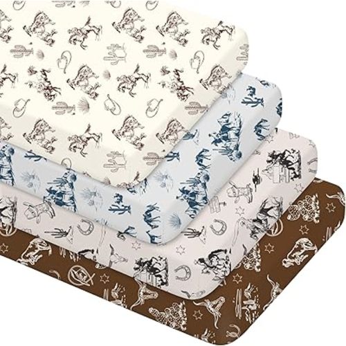 4 Pcs Vintage Western Cowboy Crib Sheet Set Newborn Bedding Nursery Baby Sheets for Girl Boys Baby Gifts for Standard Crib and Toddler Mattresses, 52 x 28 x 8 Inches