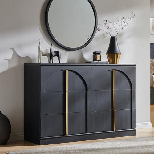 47.3" Arched Dresser for Bedroom with 6 Drawers with Rounded Edge, Black | Modern Arched Panel Design, Rounded Edge & Metal Handle, Wood Storage Closet Dressers TV Stand for Living Room, Hallway