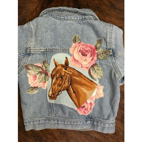 Denim Jacket with Horse Portrait and Pastel Roses, Size 18-24 mons.