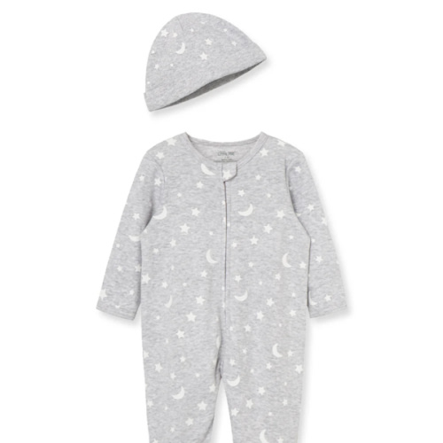 Moon & Stars 2-Way-Zip Footed One-Piece and Hat