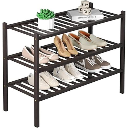 ROMGUAR CRAFT 3 Tier Bamboo Shoe Rack for Closet Free Standing Wood Shoe Shelf for Entryway Small Space Stackable 27"x11"x20" (Brown)