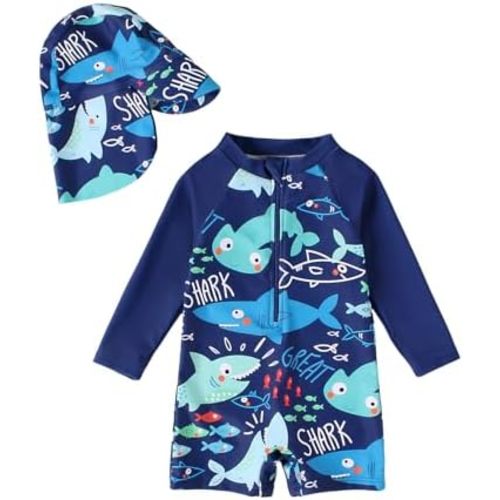 WYTbaby Baby Boy Rash Guard Swimsuit Set with Sun Hat, Long Sleeve One Piece Zipper Sunsuit for Infant Toddler 0-3T