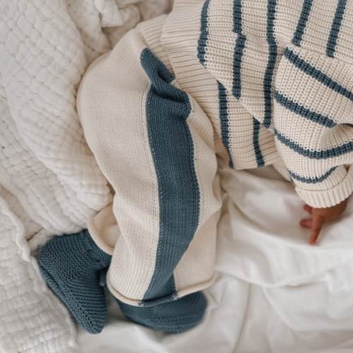 Knit Striped Pants - Cream & Denim Blue