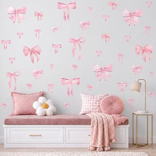60 Pcs Large Pink Bow Wall Decals, Peel and Stick Bow Decor for Girls Room