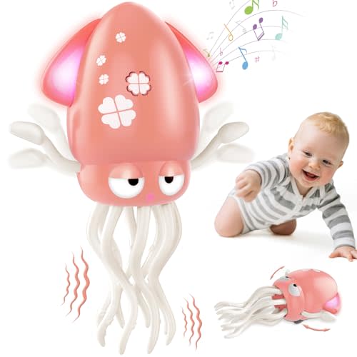 AOTIBO Baby Dancing Octopus Toy for 3 4 5 6 7 Year Old Boy Girl, Baby Tummy Time Electric Crawling Octopus Toys 36-96 Months, Dancing Squid Toy for Walking Toddlers, Kids Birthday Gifts, Pink