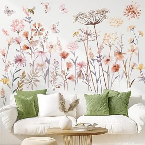 BLMHTWO Flower Wall Decals Boho Wildflower Wall Stickers Peel and Stick Flower Decor Art Decals for Bedrooms Living Room Kitchen