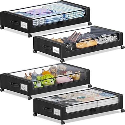 YAASHEEN Under Bed Storage with Wheels, 4-Pack Under the Bed Storage Containers with Clear Lids & Label, Underbed Storage Bins, XXL 60L Rolling Metal Drawer for Clothes, Shoes, Toys, Books - Black