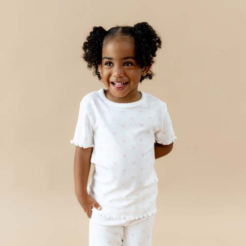Pointelle Short Sleeve Set in Sweet Pink Bow