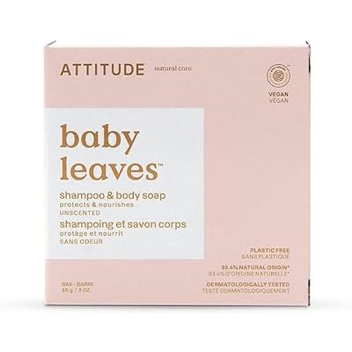 ATTITUDE Plastic-Free Shampoo and Body Soap Bar for Baby, EWG Verified, Dermatologically Tested, Vegan, Unscented, 3 Ounces