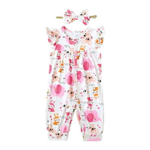 Actgleam Baby Girl Romper Ruffle Sleeveless Animal Print Cute Jumpsuit,Pink Zoo,6-9M