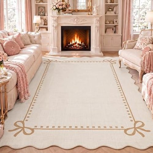 Garvee Scalloped Bow Rug for Living Room Washable Solid Beige 5x7 Area Rugs