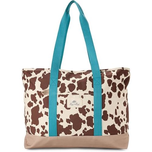 Itzy Ritzy Canvas Tote Bag - Zip-Top Closure, Roomy Main Compartment & 4 Pockets - Lightweight Cotton Canvas Carryall for Moms - Perfect for Travel, Beach, Errands & Everyday (Cow Print)