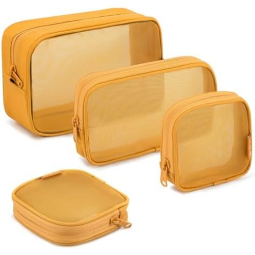 NOL Natural Organic Lifestyle Makeup Bag 4 PCS Set, Mesh Cosmetic Bag with Smooth Zipper, Clear Travel Toiletry Bag, Portable Organizer Pouch, Earth-Yellow See Through Case for Skincare Brushes