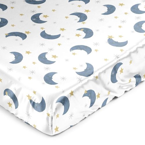 Sweet Jojo Designs Boy, Girl, Unisex/Gender Neutral Satin Fitted Crib Sheet Moon Bear Blue Gold and White