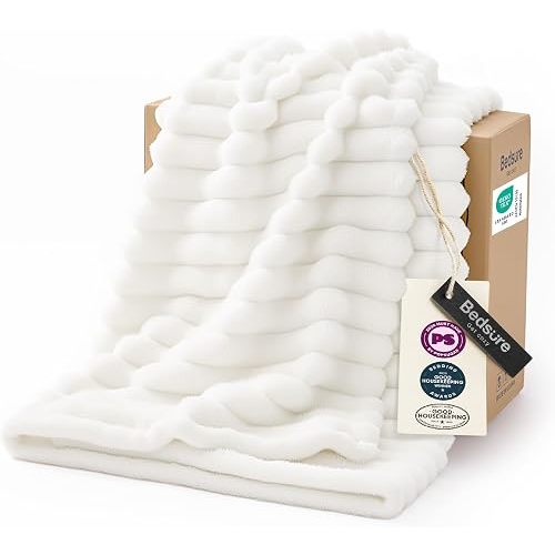 Bedsure GentleSoft White Throw Blanket for Couch - Birthday Gifts for Women Mom Her Girls, Cozy Fleece Blanket for Sofa Bed, Living Room Home Bedroom Decor Dorm Essentials, Off White, 50x60 Inches