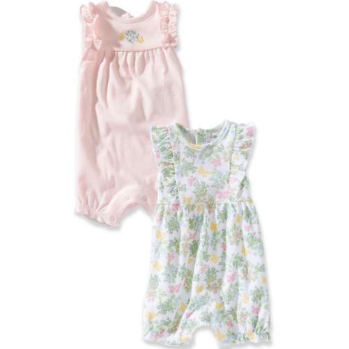 Little Me Baby Girls Cotton Flutter Sleeve Floral Printed Romper & Flutter Sleeve Solid Floral/Butterfly Motif Romper Two-Pack