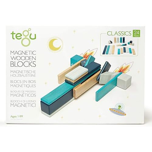 24 Piece Tegu Magnetic Wooden Block Set, Blues, 1-99 years old