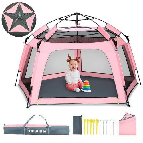 Baby Playpen Pop-up Tent - Outdoor & Indoor Play Tent for Beach with Canopy Travel Bag Portable Play Yard for Babies & Toddlers (Pink)