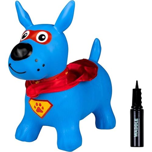 Waddle Bouncy Animal Hopper - Inflatable Hopping Animals, Indoors and Outdoors Fun, Pump Included, Riding Toys for Boys and Girls Ages 2 Years and Up, Blue Super Hero Dog