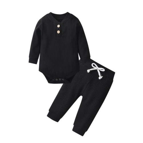 Newborn Baby Boy Clothes Long Sleeve Romper Solid Pants Outfits Set Black 0-3 Months
