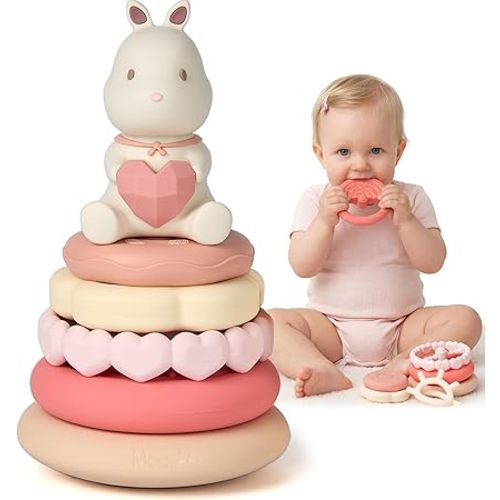 Moonkie Bunny Baby Stacking Toys | 7-Piece Silicone Rings for Teething Relief | Educational Toy for Infants & Toddlers 6 Months+ | Baby Shower or Birthday Gift for Girls