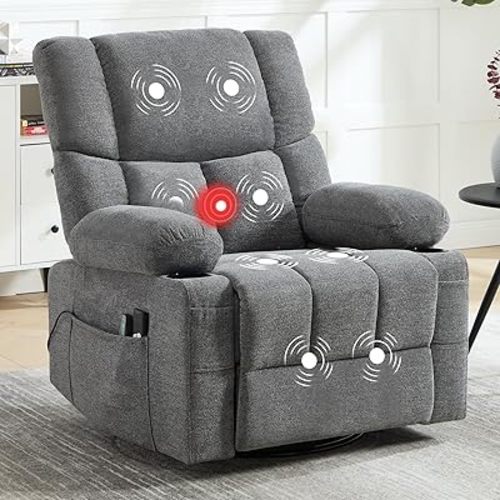 Power Recliner Chair with Massage and Heating, 360° Swivel Rocker Glider Chair for Adults, Lazy Boy Recliner with Side Pockets and Cup Holders for Living Room, Nursery (1, Gray)