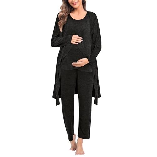 SWOMOG Maternity Nursing Robe Set 3 PCS Postpartum Breastfeeding Pajamas Hospital Pregnancy Pjs Double Layer Lounge Set