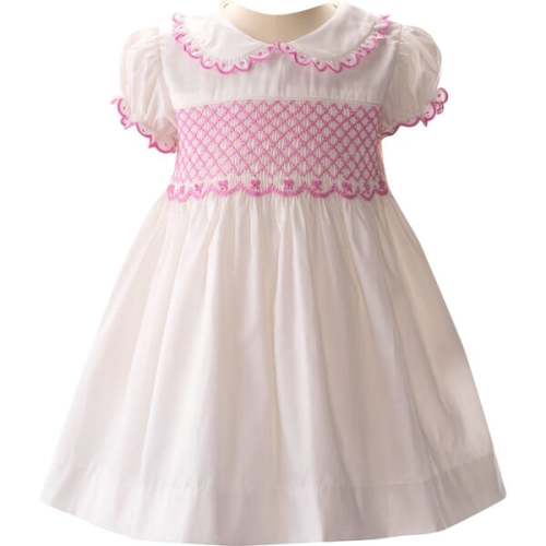 Bow Scalloped Collar Puff Sleeve Smocked Dress, White & Pink - Rachel Riley | Maisonette (18 Months)