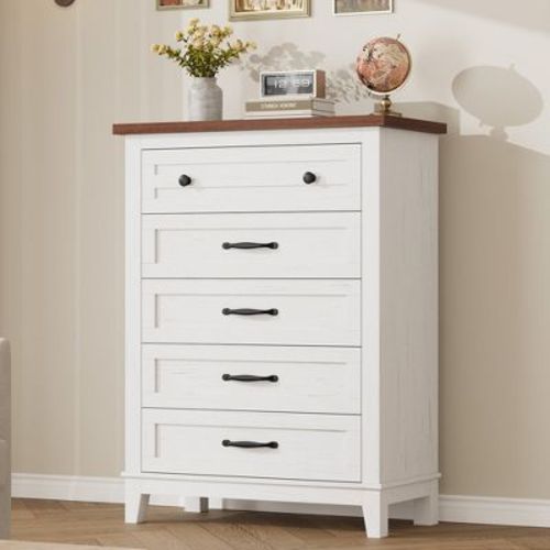 5 Dresser for Bedroom, 41" Tall Dresser, Vertical Drawer Dresser with Storage Freestanding, Wooden Closet Storage Chest for Bedroom, White+Brown