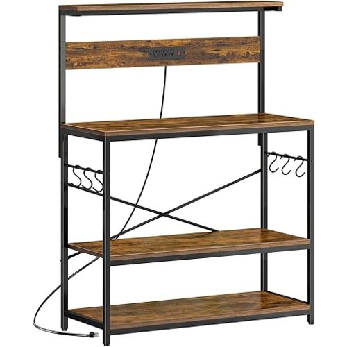 SUPERJARE Kitchen Bakers Rack with Power Outlet, Coffee Bar Table 4 Tiers, Kitchen Microwave Stand with 6 S-shaped Hooks, Storage Shelf Rack for Spices, Pots and Pans - Rustic Brown