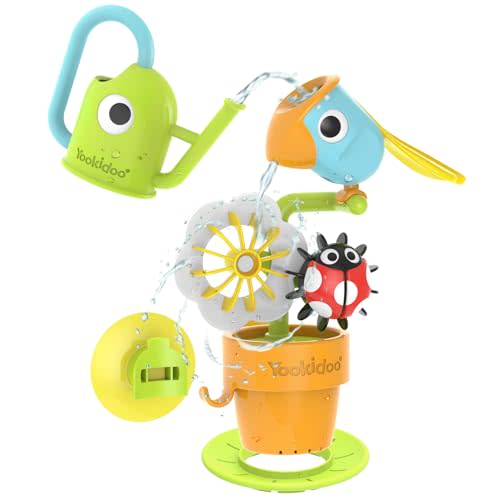 Yookidoo Watering Can Baby Bath Toy (Ages 1-3) Spinning Lady Bug & Tipping Bird Toy With 3 Moving Pieces (Mold Free) - Attaches To Tub Wall For Easy Toy Holder and Storage - For Toddler Bath Time