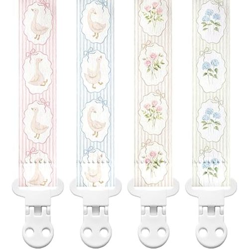 Stadela Baby Fabric Pacifier Clip Holder, Plastic Clip, 4‑Pack, Cottagecore Pattern, Silly Goose Set