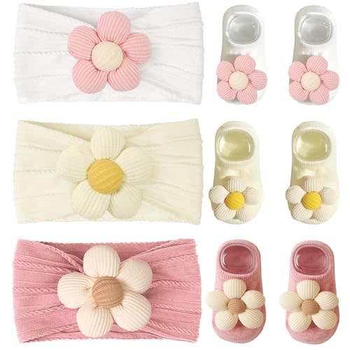 CÉLLOT Baby Girl Headband and Socks, Non-Slip Floral Socks and Soft Floral Nylon Hairbands for Babies Infants and Toddlers