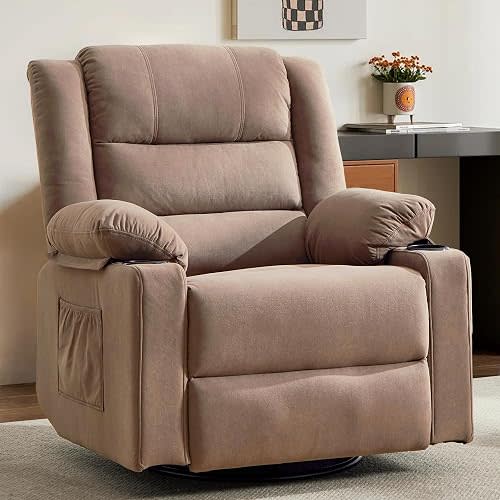 Rocking Recliner Chair for Adults, 360° Swivel Rocker Recliner with Massage and Heating, Manual Glider Rocking Chair with Cup Holders for Living Room Bedroom Nursery (Mocha)