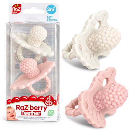 RaZbaby RaZberry Silicone Teether Pacifier – Teething Relief for Infants, Food-Grade, BPA-Free, Hands-Free, Natural Berrybumps Fruit Texture for Sensory Development, Freezable, 2-Pack - Pink & White
