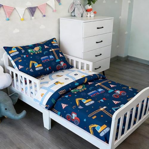 4 Pieces Construction Truck Toddler Bedding Set for Baby Boys, Flags Vehicles Excavator Cars Printed, Includes Comforter, Flat Sheet, Fitted Sheet and Pillowcase,Navy