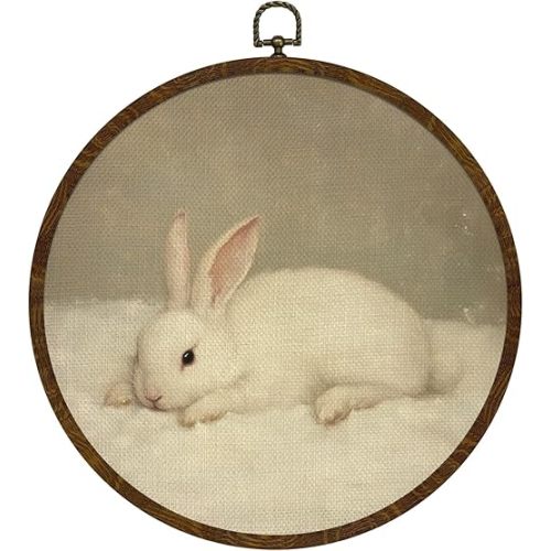 KLYTINK Vintage Bunny Round Wall Art Decor,Retro Rabbit Wall Art Canvas Frame Artwork Prints,Rustic Country Round Wall Hanging Decorations for Easter,Girl's Room,Nursery,or Gift 10x10Inch (BY0622)