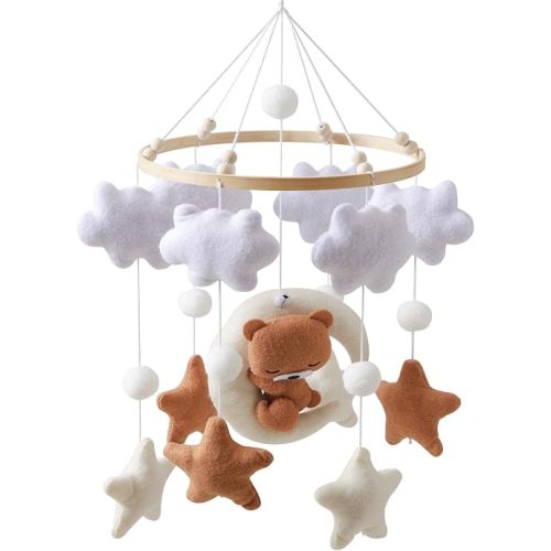 Moyii Handmade Baby Mobile for Crib - Neutral Boho Nursery Decor with Felt Moon, Stars, Clouds & Bear - Silent Soothing Bed Bell for Newborn Shower Gift