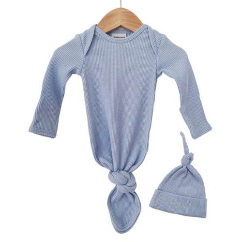 Organic Waffle Knotted Gown & Hat, Baby Blue