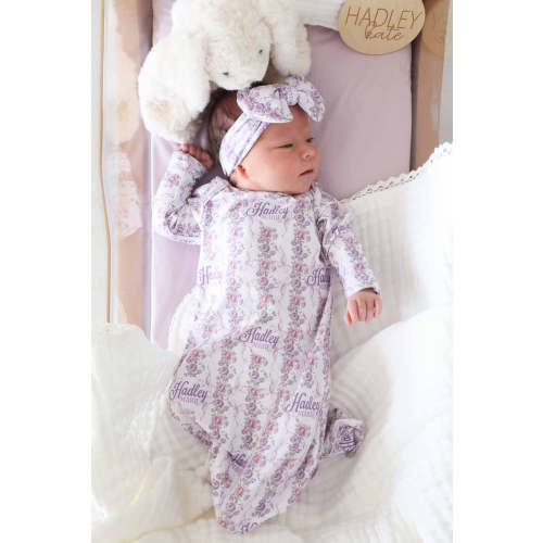 Violet Vines Personalized Newborn Baby Knot Gown | Caden Lane