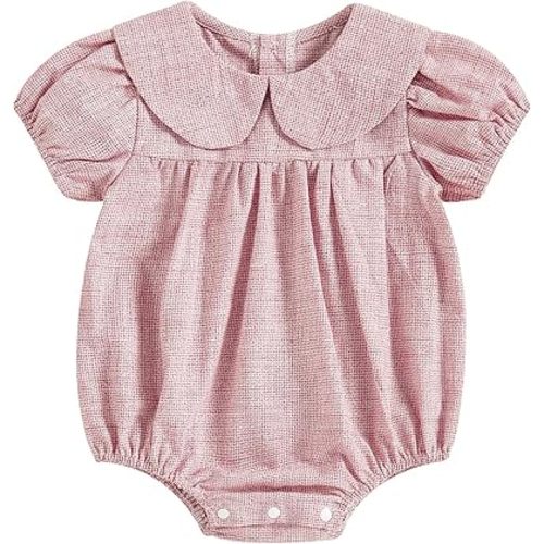 Baby Girl Summer Outfit Plaid Print Peter Pan Collar Short Sleeve Bubble Romper Gingham Bodysuit Infant Spring Clothes