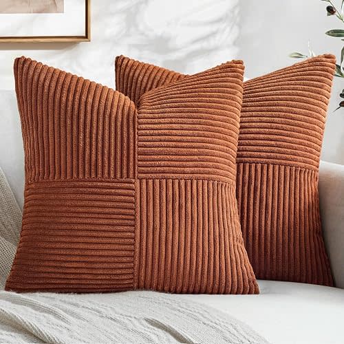 MIULEE Rust Boho Decorative Throw Pillow Covers 18x18 Inch for Couch Bed Sofa Pack of 2, Terracotta Fall Farmhouse Earth Tones Home Decor, Soft Corss Corduroy Patchwork Textured Cushion Cases